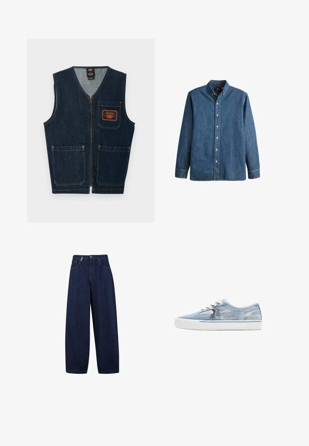 Mørkeblå denimvest med lynlås foran, tre lappelommer og orange Dickies-logo på venstre brystlomme.; Denim button-up skjorte i mellemblå, med lange ærmer, spidse kraver, hvide knapper og en tætsiddende pasform med diskret logo broderi.; Løse, mørkeblå denimjeans med høj talje, frontlommer og lige ben. Inkluderer sølvfarvet hardware og minimal syning.; Lavtopet sneaker i lyseblåt denim med hvid gummisål, hvide snørebånd og dekorative charms, der hænger fra de sideplacerede snørehuller.
