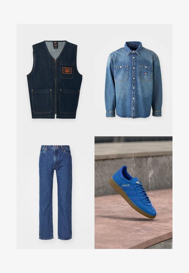 Donkerblauw denimvest met een rits aan de voorkant, drie zakken met klep en een oranje Dickies-logo op de linkerborstzak.; Denim overhemd in medium blauw, met een puntige kraag, twee borstzakken en zilveren knopen. Lange mouwen met knoopmanchetten.; Rechtermode blauwe denim jeans met een voorste knoop, ritssluiting, riemlussen en vijf-vakken ontwerp op een effen witte achtergrond.; Blauwe Adidas Spezial sneaker met rubberen zool, veters geknoopt, hangend boven een glad stenen oppervlak nabij een grijze betonnen muur.