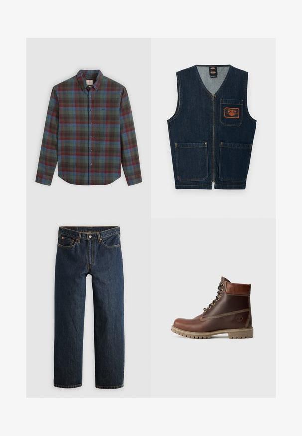 Veste en denim bleu foncé avec fermeture éclair frontale, trois poches aplaties et écusson logo Dickies orange sur la poche poitrine gauche.; Chemise à manches longues pour hommes avec un motif tartan rouge, bleu et vert, col écarté et une poche poitrine.; Jean en denim bleu foncé avec une coupe droite. Comprend cinq poches, des surpiqûres contrastantes et une fermeture à bouton à la taille.; Bottine en cuir marron à lacets, avec un col rembourré, des coutures contrastées et une semelle robuste, vue de l'extérieur sur un fond blanc.