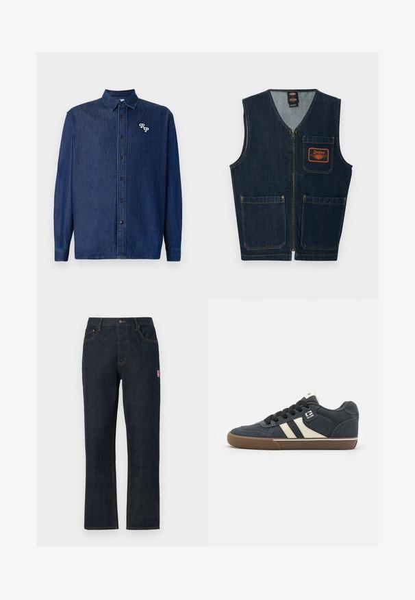 Chaleco vaquero azul oscuro con cremallera frontal, tres bolsillos de parche y parche con el logo naranja de Dickies en el bolsillo del pecho izquierdo.; Camisa de denim azul oscuro con cierre de botones en la parte delantera, mangas largas y cuello puntiagudo. Presenta un logo "RP" bordado en blanco.; Vaqueros de mezclilla azul oscuro con piernas rectas, diseño clásico de cinco bolsillos, cierre de botón en la parte superior y costuras naranjas contrastantes. Parche de logo rojo en el lateral.; Zapatillas de ante azul oscuro con rayas color crema, cordones negros y suela de goma marrón. Presenta un cuello acolchado y un logo en el lateral.