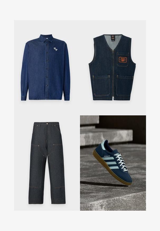 Mørkeblå denimvest med lynlås foran, tre lappelommer og orange Dickies-logo på venstre brystlomme.; Mørkeblå denimskjorte med knappelukning foran, lange ærmer og spids krave. Har en hvid broderet "RP"-logo.; Mørkeblå denimjeans med vid ben, der har kontrasterende orange syninger, forlommer og en klassisk knaplukning.; Blå Adidas Spezial sneaker med hvide striber og snørebånd, gummisål, svævende over en ru betongoverflade og trin i baggrunden.