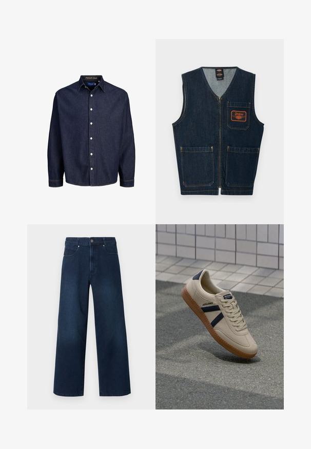 Dunkelblaue Jeansweste mit Frontreißverschluss, drei aufgesetzten Taschen und orangefarbenem Dickies-Logo-Patch auf der linken Brusttasche.; Dunkelblaune Jeanshemd mit Knopfleiste, langen Ärmeln und klassischem Kragen, mit weißen Knöpfen und kontrastierenden Nähten.; Dunkelblaue Jeans mit weitem Bein, vorne mit Knopf- und Reißverschluss, vorne und hinten Taschen, auf weißem Hintergrund dargestellt.; Beige Sneaker mit strukturierter Oberfläche, dunkelblauen Streifen und Gummisohle. Verfügt über eine gepolsterte Zunge und ein traditionelles Schnürsystem für einen sicheren Sitz.