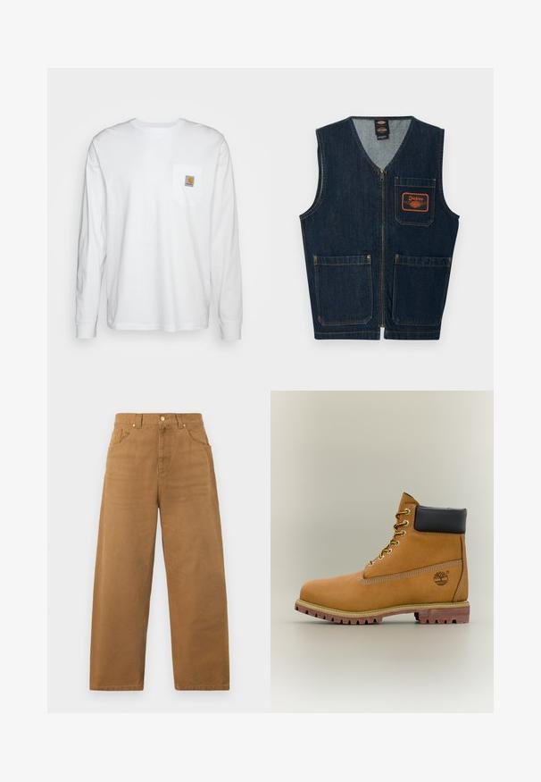 Donkerblauw denimvest met een rits aan de voorkant, drie zakken met klep en een oranje Dickies-logo op de linkerborstzak.; Wit katoenen overhemd met lange mouwen, met een borstzakje met een vierkante logo patch. Eenvoudig ontwerp met een ronde halslijn en manchetten.; Recht gesneden bruine broek met hoge taille, riemlussen, knoopsluiting en voor- en achterzakken, weergegeven op een effen witte achtergrond.; Bruine leren enkellaars met zwarte kraag, gele veters en een zandkleurige zool. Voorzien van een logo en witte stikseldetails. Robuuste loopzool met grip.