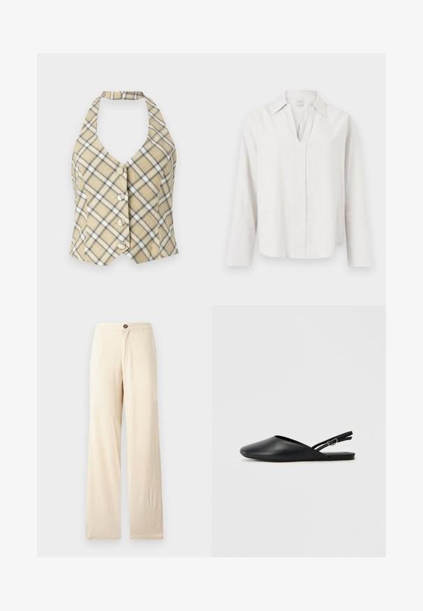 Beige haltertop in ruitpatroon met zwart-witte accenten, voorzien van een diepe V-hals en vijf knopen aan de voorkant. De stof heeft een gladde textuur.; Wit shirt met lange mouwen, een V-hals met inkeping en een kraag, plat uitgestald tegen een effen witte achtergrond.; Beige, wijde broek gemaakt van lichtgewicht stof. Voorzien van een knoopsluiting aan de voorkant en rechte zoom. Gladde textuur met minimale naden.; Zwarte leren slingback schoenen met een puntige neus, gebogen ontwerp en verstelbare gesp. Glad textuur, platte zool, minimale details.
