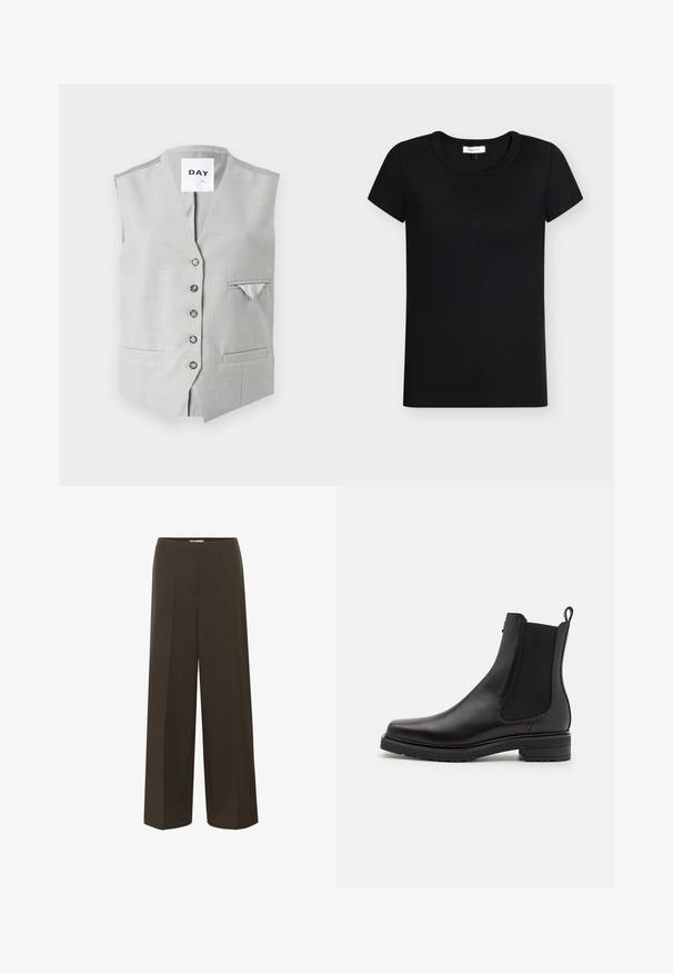 Grau ärmellose Weste aus glattem Material. Verfügt über sechs Knopfverschlüsse, zwei Fronttaschen und eine kleine Brusttasche mit kontrastierendem Futter.; Schwarzes T-Shirt mit kurzen Ärmeln in tailliertem Design, aus weichem, geripptem Stoff, mit rundem Ausschnitt und ohne sichtbare Akzente oder Muster.; Soaked in Luxury SLLILU WIDE LONG - Stoffhose - brown melange suiting; Schwarze Lederstiefelette mit elastischen Seitenpanelen, einem niedrigen, gestapelten Absatz und einer Zugschlaufe an der Rückseite. Glatte Textur und elegantes Design.