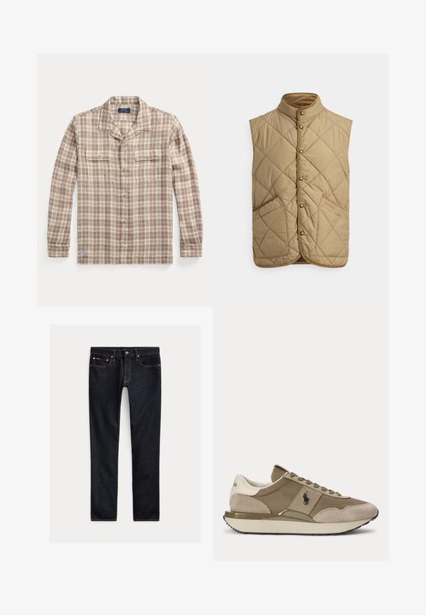 Gewatteerd beige vest met een hoge kraag, drukknoopsluiting aan de voorkant en twee grote zakken met ruitpatroon. Voorzien van contrasterende stiksels en corduroy afwerking.; Beige-wit geruit overhemd met lange mouwen, knopen, kraag en twee borstzakken, Polo Ralph Lauren-label zichtbaar aan de binnenkant van de kraag.; Donkerblauwe slim-fit jeans met vijf zakken, knoopsluiting en contrasterende stiksels, plat gelegd op een lichte achtergrond.; Zijaanzicht van beige en bruine sneaker met suède accenten en Polo-logo aan de zijkant tegen een effen achtergrond.