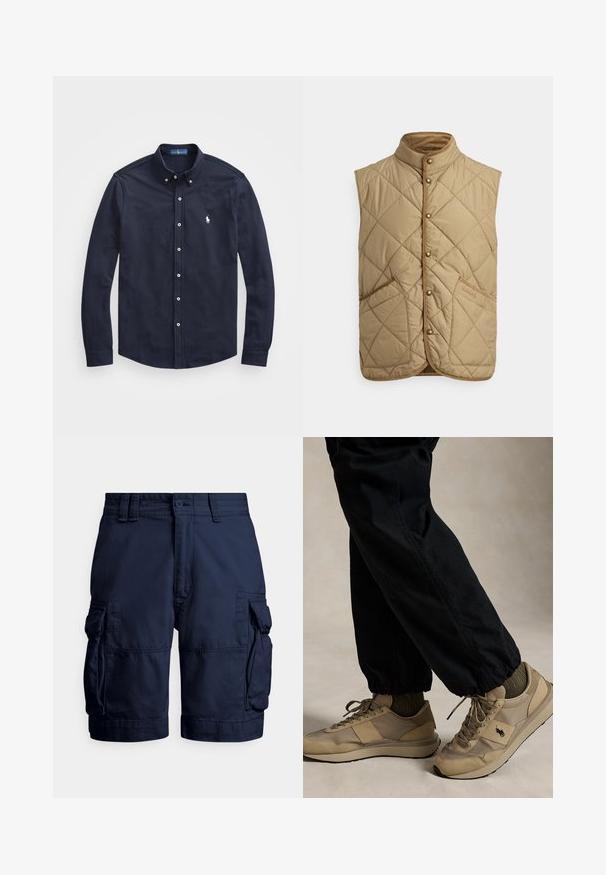 Beige quiltet vest med høj krave, frontlukning med trykknapper og to store lommer med diamantmønster. Har kontrastsyning og foer af fløjl.; Marineblå langærmet button-up skjorte med krave, frontknapper og et lille hvidt logo på venstre bryst, lavet af blødt bomuldsstof.; Mørkeblå cargoshorts lavet af slidstærkt stof, med sidelommer, knaplukning og syddetaljer for tekstur.; Person iført beige snørestøvler med sort logo, olivengrønne sokker og sorte bukser med elastiske manchetter, stående på en neutral gulv.