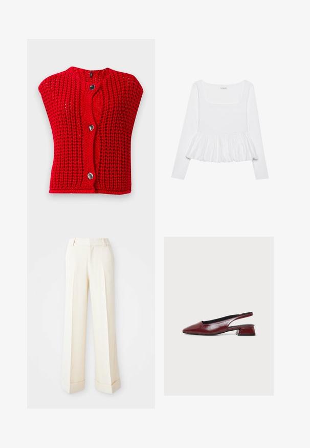Cárdigan sin mangas de punto grueso rojo con tres grandes botones plateados irregulares en el frente, sobre un fondo gris claro.; Blusa blanca de manga larga con escote cuadrado, que presenta un dobladillo peplum fruncido hecho de tela texturizada. Etiquetas visibles en el cuello.; Pantalones de pierna ancha beige con una textura suave, pliegues frontales y puños doblados. Presentan trabillas para cinturón y cierre con cremallera.; Zapato slingback de cuero burdeos con punta afilada y tacón bajo cuadrado, mostrado de perfil sobre fondo blanco.