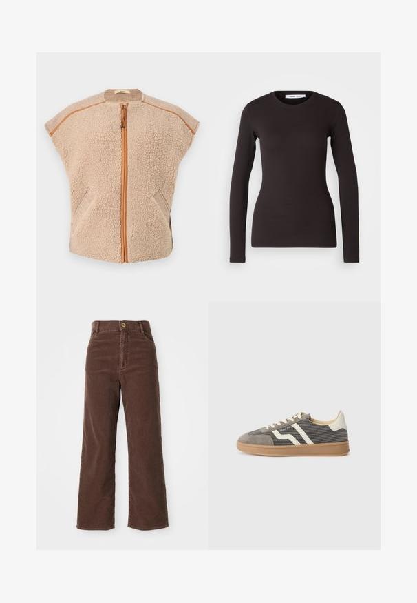 Beige fleecevest met een ritssluiting aan de voorkant, mouwloze kap en schuin geplaatste zijzakken. Heeft contrasterende tan accenten langs de randen en de ritssluiting.; Zwarte top met lange mouwen, gemaakt van een zachte, rekbare stof. Heeft een ronde halslijn en een slim fit met een gladde textuur en geen zichtbare patronen.; Bruine corduroy wijde broek met hoge taille, voorzien van een knoopsluiting aan de voorkant en twee zijzakken. Glad textuurstof.; Grijze suède sneaker met een gestructureerd bovenwerk, voorzien van crèmekleurige strepen en veters, en een gumrubberen zool voor grip. Tijdloos atletisch ontwerp.