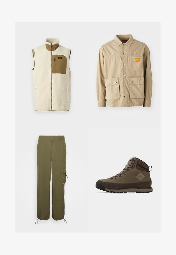 Helly Hansen PANORAMA BLOCK VEST - Chaleco - pelican; Replay Inc. SHIRT - Camisa - khaki; Pantalones cargo verde oliva hechos de tejido ligero. Las características incluyen un cierre de botón, bolsillos laterales y puños ajustables con cordones.; Botín de senderismo de corte medio en marrón, hecho de cuero y textil, con ojetes de metal, cordones, un cuello acolchado y una suela de goma negra resistente.