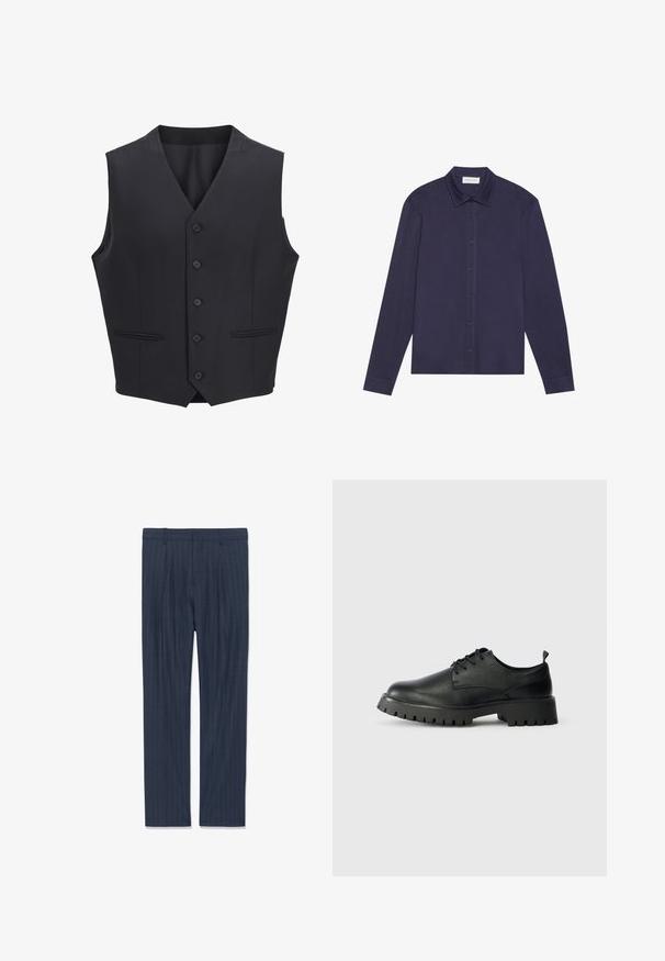 Marineblauwe vest gemaakt van geweven stof, met een V-halslijn, zes knopen aan de voorkant, twee smalle zakken en een gladde textuur.; Marineblauwe longsleeve shirt van een gladde stof, met een knopenlijst aan de voorkant, een puntige kraag en een iets ontspannen pasvorm.; Maries in marineblauw met streepdessin voor mannen, met riemlussen, voorkruisplooien en rechte benen plat gelegd op een witte achtergrond.; Zwarte leren veterschoenen met een ronde neus, een gestructureerd oppervlak en een chunky rubberen zool met diepe profielen voor grip.