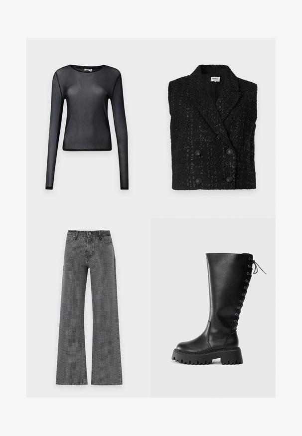 Gilet sans manches noir texturé à double boutonnage, avec revers en dents de scie et quatre boutons décoratifs à l'avant.; Haut noir à manches longues en maille transparente avec col rond et silhouette ajustée, présenté sur un fond uni.; Jeans à larges jambes en denim noir avec un motif à pois blancs ; présente un design classique à cinq poches et une fermeture à bouton.; Bottes noires hautes jusqu'au genou en cuir lisse avec une semelle épaisse. Détail de laçage sur le côté et design à bout rond.