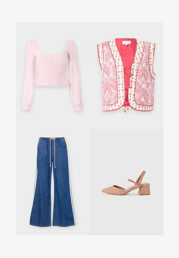 Bezrukávová prešívaná vesta s ružovými a bielymi kvetinovými a paisley vzormi, otvorená vpredu so zaväzovaním a ružovou podšívkou.; BDG Urban Outfitters SYDNEY - Top s dlhým rukávom - pink; Modré džínsy širokých nohavíc s elastickým pásom, bielou šnúrkou a bielymi bočnými pásmi, zobrazené na bielom pozadí.; Nohavica s odkrytým pätou v telovej farbe s špicatou špičkou, nízkym blokovým podpätkom, hladkým syntetickým materiálom a tenkým pásikom okolo členku.