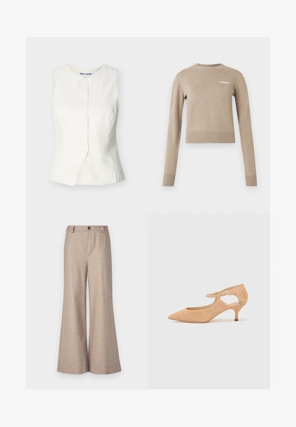 Valkoinen hihaton napillinen liivi, jossa pyöreä pääntie ja hienovarainen etureuna-aukeama, etiketti DKNY JEANS.; Beige västineulepusero, jossa on pitkät hihat, pyöreä kaula-aukko, resorit hihansuissa ja helmassa sekä pieni valkoinen tekstitunnus edessä.; Vaaleat leveälahkeiset housut, jotka on valmistettu teksturoituvasta kankaasta. Varustettu nappikiinnityksellä, vyölenkeillä ja muotoillulla istuvuudella siistillä, viimeistellyllä helman lopetuksella.; Beige mokkanahka korkokenkä, jossa on terävä kärki, nilkkahihna ja leikattu yksityiskohta sivussa, sekä hoikka 5 cm korko.