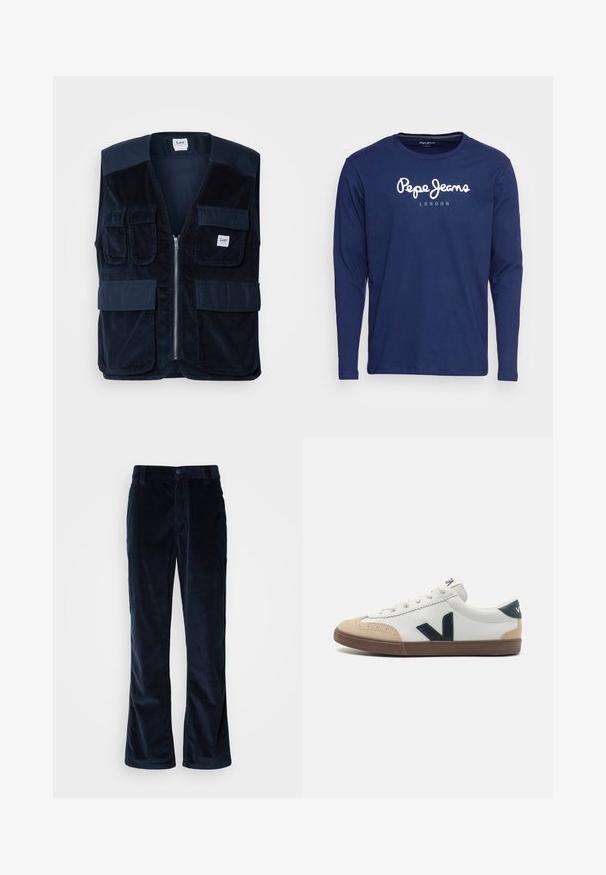 Gilet en velours côtelé bleu marine avec une fermeture éclair frontale, deux poches plaquées supérieures et deux poches à rabat inférieures, comportant une étiquette au niveau du col.; T-shirt à manches longues bleu marine en coton, présentant un logo blanc "Pepe Jeans London" imprimé sur le devant. Encolure ras du cou simple et texture lisse.; Pantalons en velours côtelé bleu marine avec une coupe droite, présentant un ribbing vertical, une fermeture à bouton et des poches avant.; Sneaker en cuir blanc avec un capuchon beige, un logo "V" latéral bleu marine et une semelle en caoutchouc marron. Présente des lacets ronds et des accents texturés.