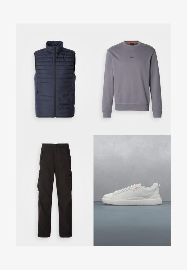 Marineblå puffervest med høj krave, lynlås foran og vandret syninger. Har sidelommer og brandlogo på brystet. Letvægtsdesign.; Grå sweatshirt i bomuld med rund halsudskæring, ribbede manchetter og nederste kant, med et lille "BOSS" logo på fronten.; Sorte cargobukser med lige pasform, elastisk talje, flere sidelommer og et struktureret stof for holdbarhed.; Hvide sneakers med en glat læderfinish, rund tå, fire snørehuller, subtile perforeringer og en rød logo detalje på siden.