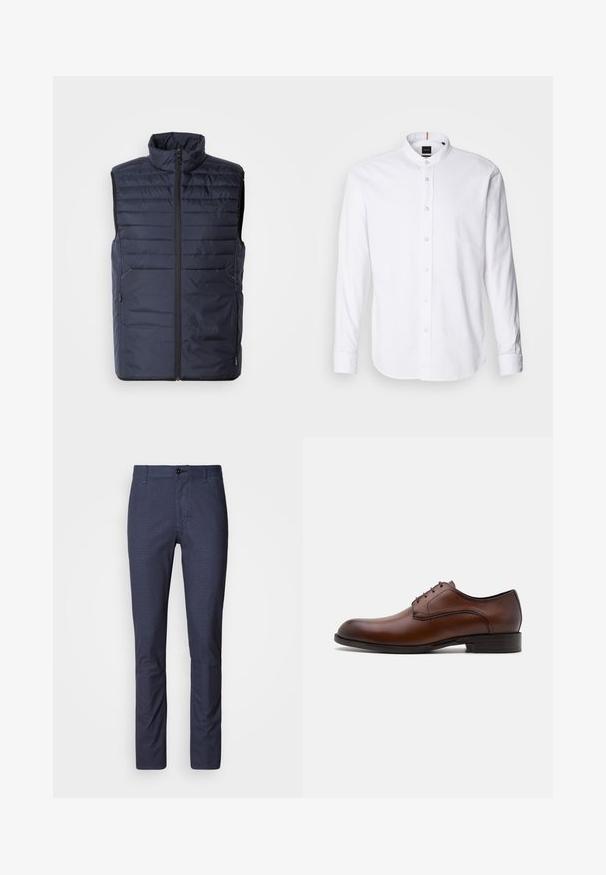 Marineblauer Steppweste mit hohem Kragen, Reißverschluss vorne und horizontalen Nähten. Mit seitlichen Taschen und Logo der Marke auf der Brust. Leichtes Design.; Weißes langärmliges Hemd mit Stehkragen, Knopfleiste und abgerundetem Saum. Aus Baumwolle gefertigt, mit einer glatten Textur und dezentem Glanz.; Dunkelblaue Hosen in schlanker Passform mit einem subtilen strukturierten Muster, ausgestattet mit einem Knopfverschluss und klassischen Taschen. Glatte Stoffoberfläche.; Brauner Lederschuh mit elegantem Design, runder Spitze, fünf Ösen-Schnürung und niedrigem gestapeltem Absatz. Verfügt über dezente Nähte.