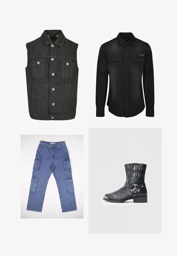 Dunkelblaue, ärmellose Weste mit spitzem Kragen, silbernen Druckknöpfen und zwei Brusttaschen; strukturierter Stoff mit dezenten Stickdetails.; Schwarzes langärmliges Shirt aus Baumwolle mit zwei Brusttaschen, Knopfverschluss und einer leicht verwaschenen Textur auf dem Stoff.; Blaue Denim-Cargo-Hosen mit mehreren Seitentaschen, einem geraden Beindesign und einem klassischen Bund. Der Stoff hat eine leicht strukturierte Textur und ist leicht ausgebleicht.; Schwarzer Lederknöchelstiefel mit abgerundeter Spitze, zwei Riemen mit Schnallen, silbernen Metallakzenten und niedrigem Blockabsatz. Strukturierte Oberfläche.