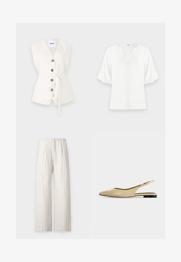 Chaleco blanco sin mangas con un escote en V profundo, cuatro botones, una cinta para la cintura y dos bolsillos frontales. Tejido texturizado con un sutil detalle de patrón.; Blusa blanca con escote en V y mangas cortas amplias. Está hecha de una tela ligera y presenta una textura simple y suave, sin patrones visibles.; Samsøe Samsøe SATOVE TROUSERS - Pantalones - egret; Zapato plano beige con puntera puntiaguda, diseño slingback, tacón bajo negro y acabado en cuero liso, mostrado de perfil sobre un fondo liso.