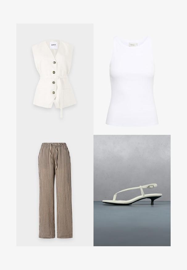 Chaleco blanco sin mangas con un escote en V profundo, cuatro botones, una cinta para la cintura y dos bolsillos frontales. Tejido texturizado con un sutil detalle de patrón.; Top sin mangas de canalé blanco con escote redondo. Tejido elástico y diseño ajustado. La etiqueta en la parte posterior dice "GESTUZ."; Pantalones de pierna ancha a rayas en beige con rayas verticales en azul marino. Cuentan con una cinturilla elástica con cordón y bolsillos laterales. Textura de tejido suave.; Sandalia blanca de tacón kitten con tiras y punta afilada, flotando sobre un suelo de baldosas de madera al aire libre, con un fondo desenfocado de plantas y pared.