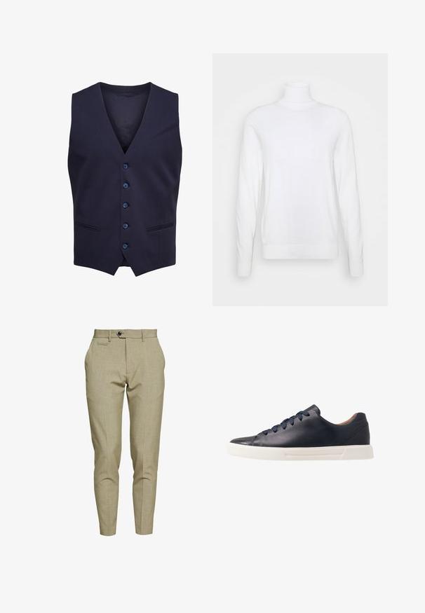 Gilet formel bleu marine avec cinq boutons et deux petites poches devant, sans manches avec un col en V.; Pull à col roulé blanc avec des manches longues, fabriqué en tissu lisse. Présente un design ajusté et des poignets et un ourlet côtelés. Pas de motifs ni d'accents.; Lindbergh CLUB PANTS - Chino - army; Baskets en cuir bleu marine avec une finition lisse, semelle en caoutchouc blanc plat, bout arrondi et six lacets bleu marine passés à travers des œillets ronds.