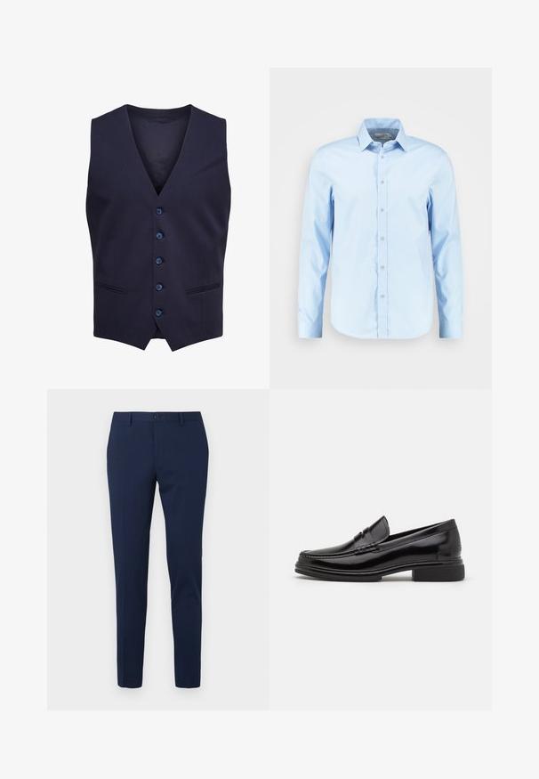 Chaleco formal azul marino con cinco botones y dos pequeños bolsillos delanteros, sin mangas con escote en forma de V.; Camisa de botones de manga larga de color azul claro, hecha de tela suave, con un cuello puntiagudo, tapeta frontal y dobladillo redondeado.; Pantalones de vestir color azul marino con diseño de pierna recta, hechos de un tejido suave. Cuentan con cierre frontal de botón y dos bolsillos laterales.; Mocasines de cuero negro con punta redondeada, que presentan un detalle cosido a través del empeine y un tacón bajo y cuadrado. Textura suave y acabado brillante.