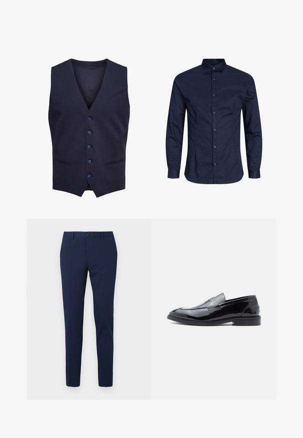 Marineblauw formeel vest met vijf knopen en twee kleine voorzakjes, mouwloos met een V-vormige halslijn.; Navy blauwe langärmige button-up shirt, katoen stof, met kraag, voorste knoopsluiting, gladde textuur, zonder merkbare patronen of accenten.; Marineblauwe pantalon met een rechte pijp, gemaakt van een gladde stof. Voorzien van een knoopsluiting aan de voorkant en twee zijzakken.; Zwarte loafers van lakleer met een gladde afwerking, ronde neus en decoratief banddetail, voorzien van een laag profiel en rubberen zool.