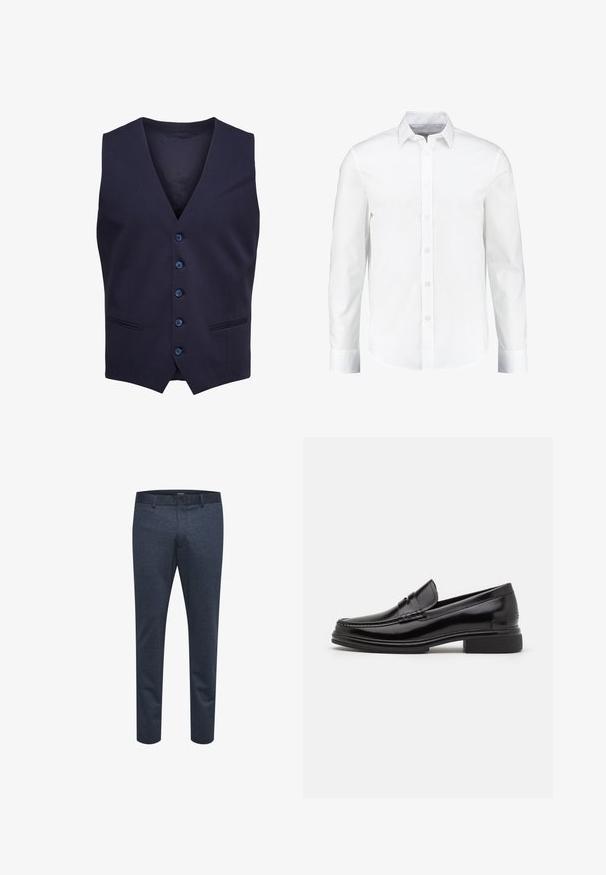Gilet formel bleu marine avec cinq boutons et deux petites poches devant, sans manches avec un col en V.; Chemise blanche à manches longues à boutons, fabriquée en coton lisse. Dotée d'un col classique et d'une fermeture à boutons à l'avant avec un ourlet droit.; Pantalons bleu marine en tissu texturé avec une coupe slim, dotés d'une fermeture à bouton et de passants de ceinture, adaptés à un usage décontracté ou formel.; Mocassins en cuir noir avec un embout arrondi, présentant un détail cousu sur le dessus, et un petit talon carré. Texture lisse et finition brillante.