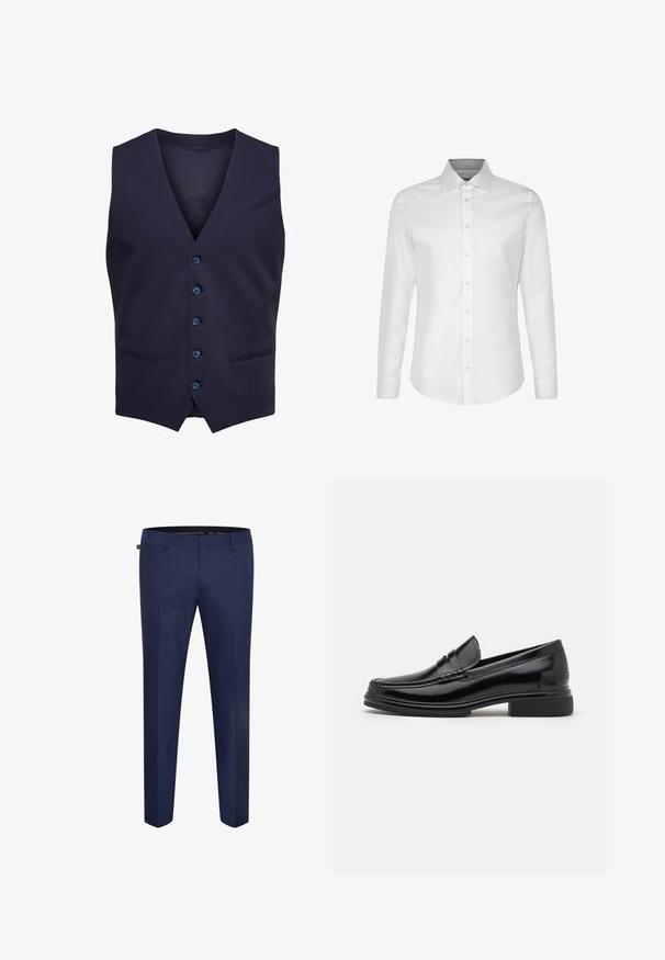 Gilet formel bleu marine avec cinq boutons et deux petites poches devant, sans manches avec un col en V.; Chemise habillée blanche pour homme à manches longues avec fermeture boutonnée et col évasé, présentée sur un fond blanc.; Pantalons ajustés bleu marine en tissu lisse, avec une coupe slim et un devant plat sans poches visibles ni ornements.; Mocassins en cuir noir avec un embout arrondi, présentant un détail cousu sur le dessus, et un petit talon carré. Texture lisse et finition brillante.