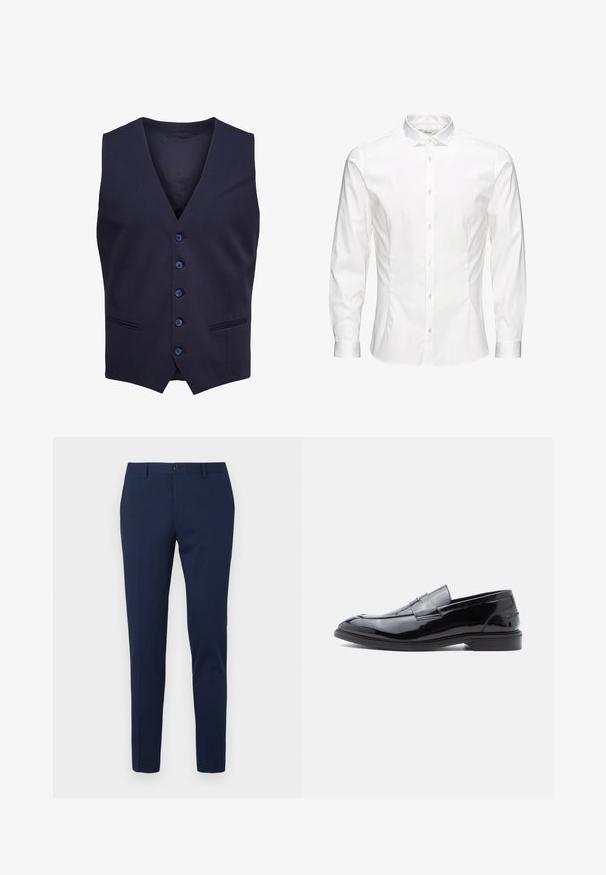 Chaleco formal azul marino con cinco botones y dos pequeños bolsillos delanteros, sin mangas con escote en forma de V.; Camisa blanca de manga larga con botones, hecha de una tela suave. Presenta un cuello clásico, botones frontales y puños con un solo botón. Diseño ajustado.; Pantalones de vestir color azul marino con diseño de pierna recta, hechos de un tejido suave. Cuentan con cierre frontal de botón y dos bolsillos laterales.; Mocasines de charol negro con acabado liso, punta redondeada y detalle decorativo de correa, con perfil bajo y suela de goma.