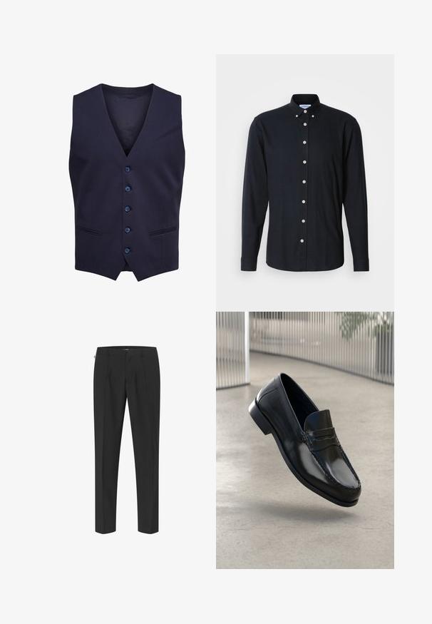 Tumesinine pidulik vest viie nupu ja kahe väikese esitaskuga, varrukateta V-kujulise kaelusega.; Tumedast merest long-sleeve särk, millel on nööpide alla käiv krae, ees nööpide rida ja heledamad nupud. Sile kangas modernse lõikega.; Mustad mustreeritud mustad püksid, millel on sujuv disain, ees voldid, sirged jalad ja sile tekstuur. Minimalistlikud detailid ja nähtavaid mustreid pole.; Mustad nahast mokassiinid, millel on sile viimistlus, ümar varvas, dekoratiivsed õmblused ja veidi kõrgendatud tald.