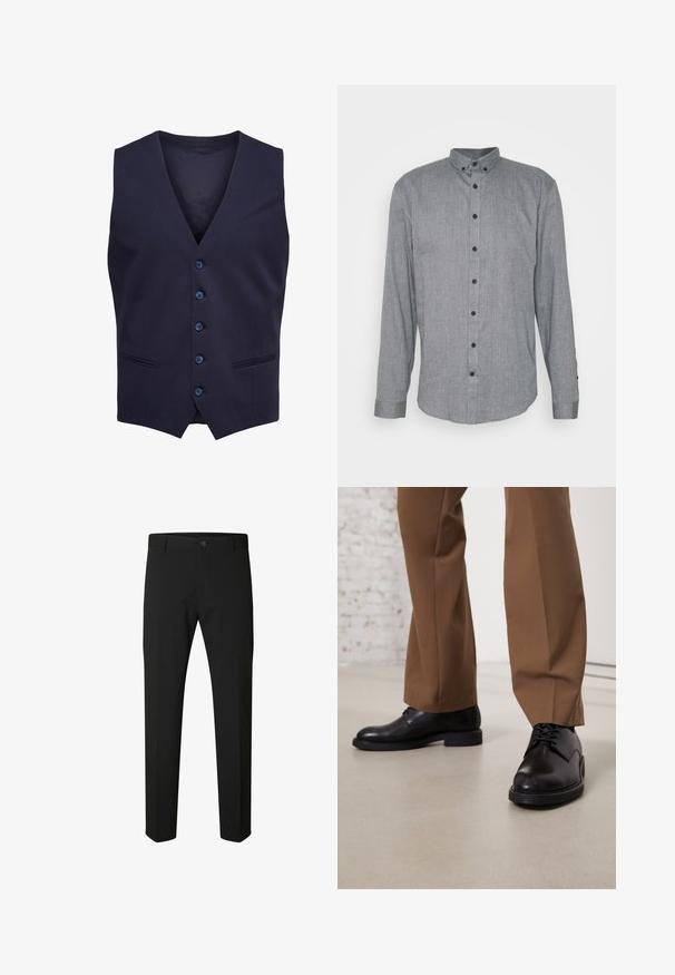 Chaleco formal azul marino con cinco botones y dos pequeños bolsillos delanteros, sin mangas con escote en forma de V.; Camisa de manga larga gris con cuello abotonado, que presenta una tela texturizada y botones negros a lo largo del frente y los puños.; Pantalones negros de corte ajustado con cierre de botón y cremallera, trabillas para cinturón y piernas rectas sobre fondo blanco.; Zapatos de cuero negro con superficie lisa y puntera redonda, que presentan cierre con cordones y una suela baja y plana. Combinados con pantalones marrones.