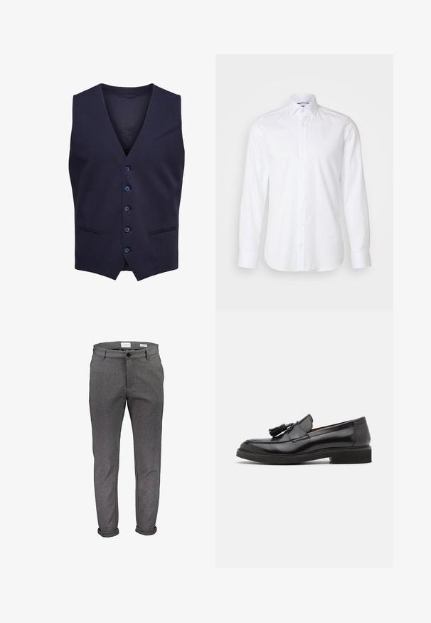 Gilet formel bleu marine avec cinq boutons et deux petites poches devant, sans manches avec un col en V.; Chemise blanche à manches longues en coton, avec un col boutonné, des boutons sur le devant et un ourlet légèrement arrondi. Texture lisse et unie.; Pantalon en tissu gris à coupe slim, doté d'une fermeture à un bouton, de passants pour ceinture et d'ourlets retroussés. Texture lisse avec des détails de couture subtils.; Mocassins en cuir noir avec des détails en franges, bout rond et semelle texturée. Présente une finition lisse et un design minimaliste.