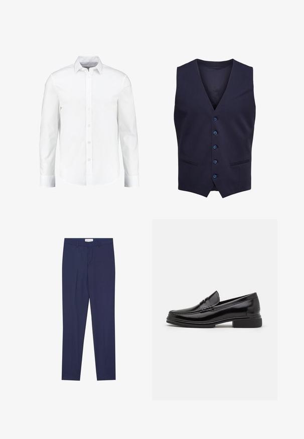 Gilet formel bleu marine avec cinq boutons et deux petites poches devant, sans manches avec un col en V.; Chemise blanche à manches longues à boutons, fabriquée en coton lisse. Dotée d'un col classique et d'une fermeture à boutons à l'avant avec un ourlet droit.; Pantalons de costume navy en tissu lisse, dotés d'un devant plat, de deux poches latérales, d'une fermeture éclair et d'un ourlet net sans motifs ni accents.; Mocassins en cuir noir avec un embout arrondi, présentant un détail cousu sur le dessus, et un petit talon carré. Texture lisse et finition brillante.