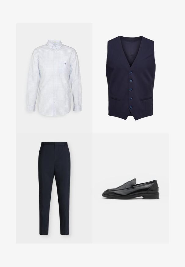 Chaleco formal azul marino con cinco botones y dos pequeños bolsillos delanteros, sin mangas con escote en forma de V.; Camisa de cuadros azul claro con botones y mangas largas, cuello y pequeño logo en el pecho. Hecha de algodón y con una textura suave.; Pantalones formales azul marino de corte slim con trabillas para cinturón y cierre frontal oculto, mostrados extendidos sobre un fondo claro y liso.; Mocasines de cuero negro con un acabado suave, que presentan una punta redondeada y una banda estrecha en la parte superior. Tacón bajo apilado.