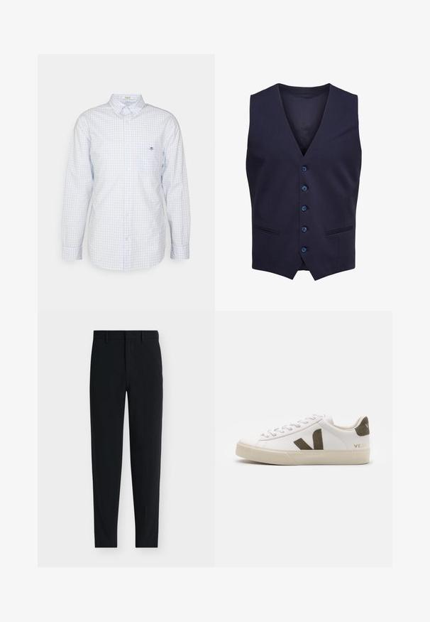 Marineblå formel vest med fem knapper og to små forlommer, ærmeløs med V-formet udskæring.; Lyseblå gingham skjorte med knapper, lange ærmer, krave og lille logo på brystet. Fremstillet af bomuld og med en glat tekstur.; Sorte skræddersyede slim-fit bukser med bæltestropper og skjult forlukning foran, vist på en hvid baggrund.; Hvide læder sneakers med en lys beige gummisål. Har en brun ruskinds V-logo og hælflap. Snørret lukning med en struktureret overflade.