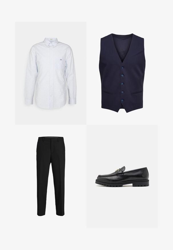 Chaleco formal azul marino con cinco botones y dos pequeños bolsillos delanteros, sin mangas con escote en forma de V.; Camisa de cuadros azul claro con botones y mangas largas, cuello y pequeño logo en el pecho. Hecha de algodón y con una textura suave.; Pantalones negros de tela suave, con corte recto, lazos para cinturón y un diseño de frente plano sin patrones ni adornos visibles.; Mocasines de cuero negro con un acabado suave, punta redonda, una tira decorativa con herraje dorado y una suela negra robusta.