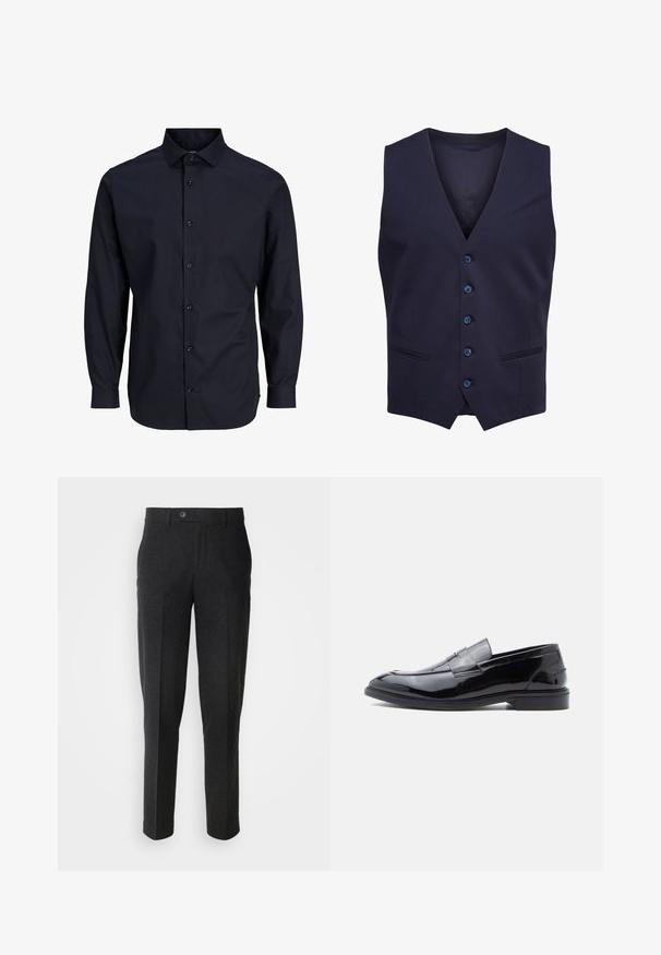Gilet formel bleu marine avec cinq boutons et deux petites poches devant, sans manches avec un col en V.; Chemise bleu marine à boutons, à manches longues, avec col standard, patte de boutonnage à l'avant, texture lisse et poignets à un bouton.; Lindbergh Pantalon classique - black melange; Mocassins en cuir verni noir avec une finition lisse, bout arrondi et détail de bride décorative, avec un profil bas et une semelle en caoutchouc.