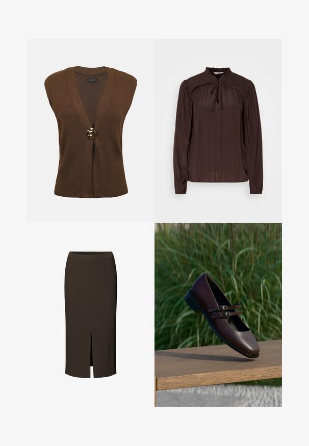 Veste en tricot marron sans manches avec un col en V profond et une fermeture unique à bouton décoratif en or à l'avant.; Blouse marron à manches longues avec un décolleté en forme de trou de serrure, texture plissée, épaules smockées et poignets froncés. Tissu léger et fluide.; Modström SKIRT - Jupe crayon - dark coffee; Chaussure Mary Jane en cuir marron foncé avec double boucles, présentée sur une surface en bois avec un fond d'herbe verte.