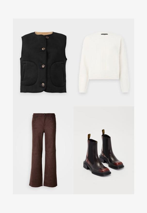 Gilet en daim noir avec un col rond, cinq boutons marron, deux grandes poches avant et une doublure intérieure douce.; Pull blanc cropped en tissu doux avec un col rond, présentant des coutures d'épaule tombantes et un détail de couture verticale sur le devant.; Pantalons évasés marron en tissu doux semblable à du daim. Comprend quatre poches, une fermeture à bouton et une surface lisse et texturée.; Dr. Martens MAYBOLE CHELSEA - Bottines à plateau - black/cherry red