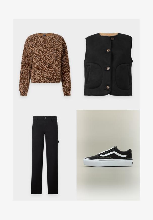 Sort suede vest med rund halsudskæring, fem brune knapper, to store forlommer og en blød indvendig foring.; Sweatshirt med leopardmønster i nuancer af brunt og sort. Fremstillet af blødt stof, har rund halsudskæring og lange ærmer med ribbede manchetter.; Sorte bukser lavet af stof med en glat tekstur, designet med lige ben, en knaplukning og en sidelomme.; Lavtop sort sneaker med hvid side stribe, hvide snørebånd, hvid gummisål og tekstureret tåhætte på neutral baggrund.