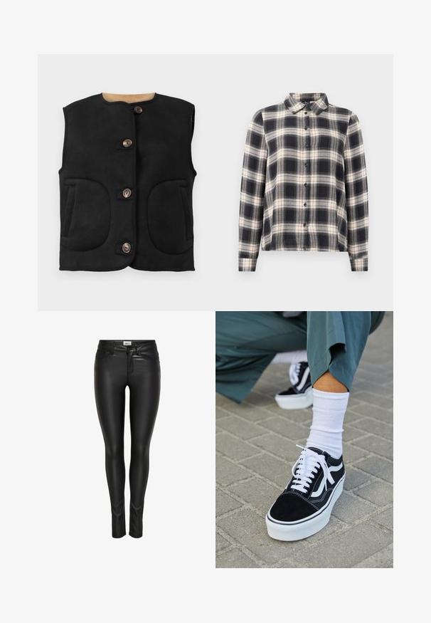 Gilet en daim noir avec un col rond, cinq boutons marron, deux grandes poches avant et une doublure intérieure douce.; Chemise à manches longues à carreaux dans des teintes marine, blanche et beige. Dotée d'un col standard, d'une fermeture à boutons sur le devant et d'un tissu doux avec un motif à carreaux.; Pantalons en faux cuir noir slim-fit avec bouton avant, fermeture à glissière et passants de ceinture, présentés sur un fond blanc.; Baskets en suède noir avec des accents et des lacets blancs, présentant une épaisse semelle blanche et des coutures contrastantes, associées à une chaussette blanche.