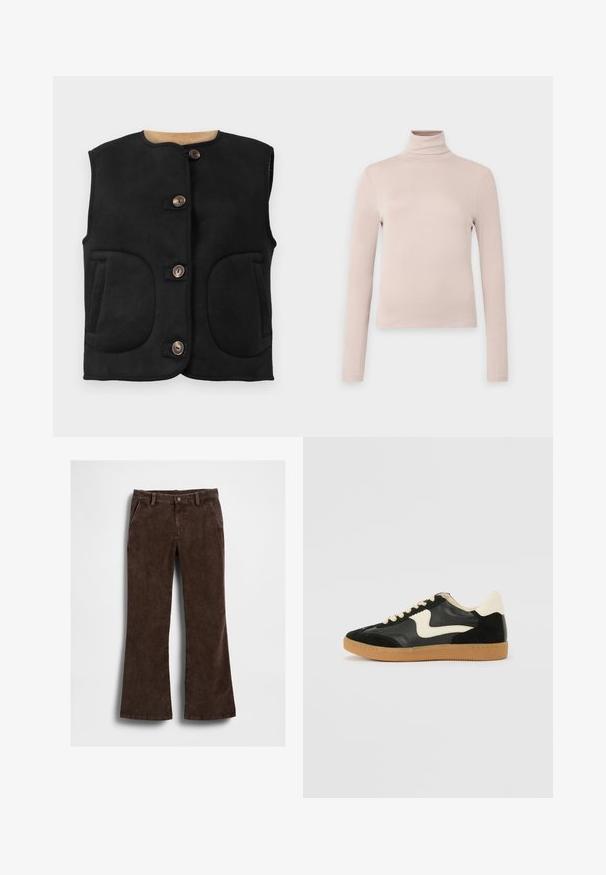 Gilet en daim noir avec un col rond, cinq boutons marron, deux grandes poches avant et une doublure intérieure douce.; Haut col roulé beige clair à longues manches, fabriqué en tissu extensible lisse, avec un design ajusté et un col haut. Aucune motif ou accent visible.; Pantalon évasé en velours côtelé marron à la texture lisse, avec poches avant et une fermeture à un bouton à la taille.; Baskets en daim et cuir noir avec un swoosh latéral crème et un talon crème clair. Dotées de lacets beige et d'une semelle en caoutchouc gomme.