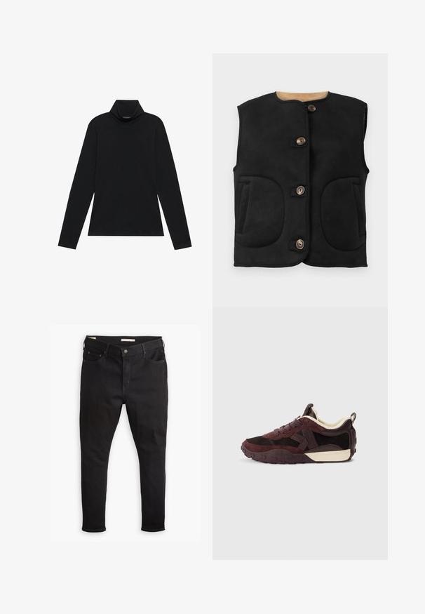 Zwart suède vest met een ronde halslijn, vijf bruine knopen, twee grote voorzakken en een zachte voering.; Zwarte langetermijn turtleneck. Zachte stof, getailleerd design, hoge kraag en zijnaad. Eenvoudige en veelzijdige stijl die geschikt is voor het laagjes dragen.; Zwarte denim jeans met een slim fit, voorzien van een klassieke vijf-pocket stijl, metalen knoopsluiting en subtiele stiksels.; Bordeauxrode en zwarte sneaker met suède en mesh materialen, een gestructureerde rubberen zool en een crème-kleurige binnenvoering.