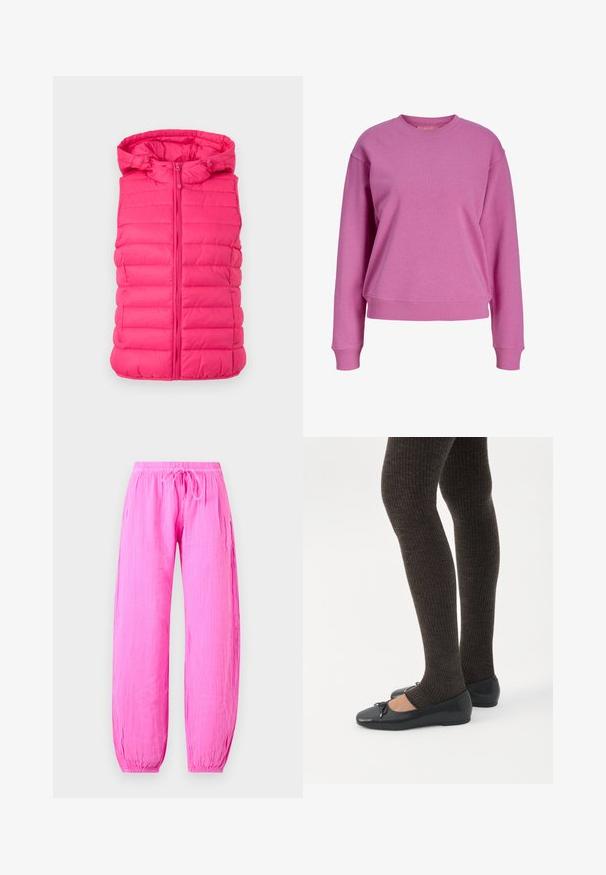 Gilet matelassé sans manches, rose vif, avec fermeture éclair à l'avant et capuche attachée, sur fond clair uni.; Sweat-shirt uni à manches longues et col rond, rose vif, avec poignets et ceinture côtelés, présenté sur fond blanc.; Pantalon léger rose vif avec taille élastique et cordon, coupe ample et poignets élastiques aux chevilles.; Jambes portant des leggings côtelés foncés associés à des ballerines noires avec de petits détails en nœud sur fond blanc.
