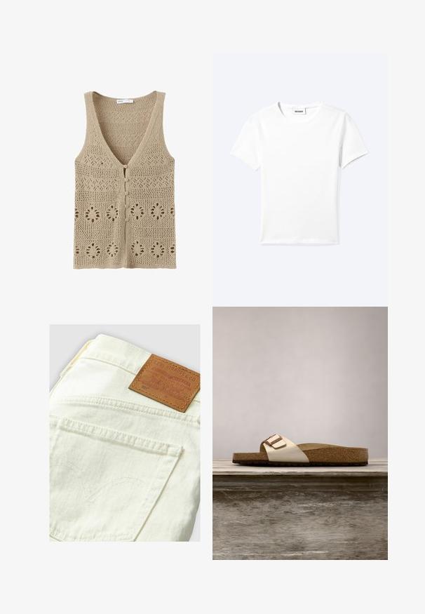 Beige gebreid mouwloos vest met V-hals, vijf knopen aan de voorkant en decoratieve opengewerkte patronen door de hele stof.; Effen wit T-shirt met korte mouwen en ronde hals met een klein "WEEKDAY" label aan de binnenkant van de hals, plat neergelegd op een lichte achtergrond.; Levi's 501-jeans in crèmekleur met een tan leren patch, voorzien van gebogen stiksels op de achterzak en een klassiek denimontwerp.; Slide-sandaal met een lichte metallic bovenkant, kurken voetbed en een gestructureerde bruine rubberen zool. Gespdetail met logo-accent.