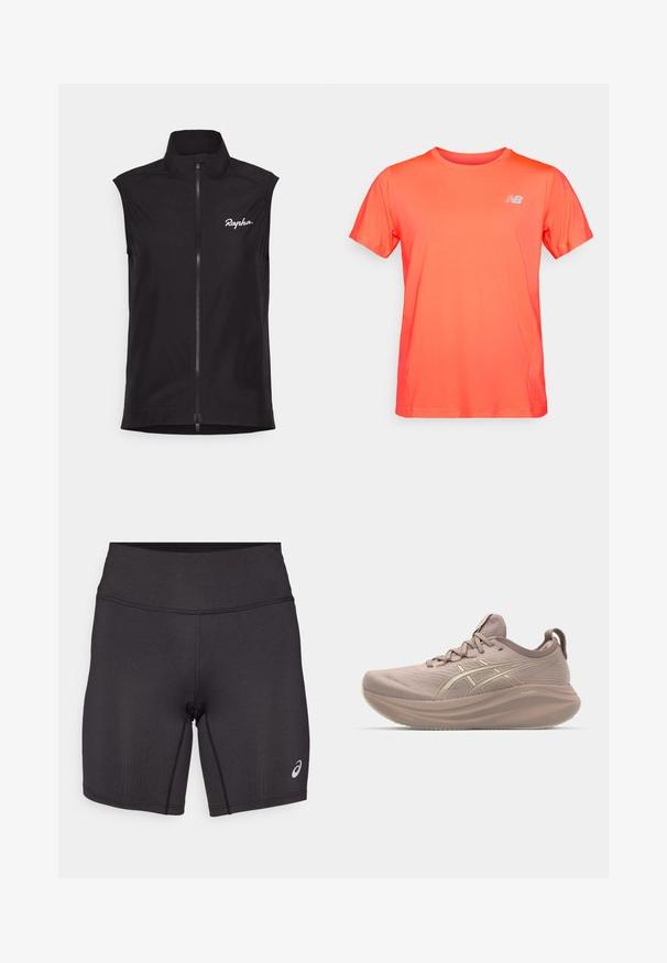 Sort ærmeløs cykelvest med høj krave, lynlås over hele længden og hvid "Rapha" logo. Lavet af letvægts, glat stof.; Lyse orange kortærmet atletisk t-shirt med et lille hvidt New Balance-logo på venstre bryst, vist på en ensfarvet baggrund.; Sorte atletiske shorts med en glat tekstur, tætsiddende design og høj talje. Har kontrasterende syninger og et lille logo på underbenet.; Lyserød løbesko med et strømlinet design, tekstureret overdel og en puffet sål. Har et logo og et minimalistisk snøresystem.