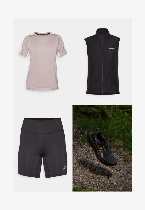 Zwarte mouwloze fietsvest met hoge kraag, volledige ritssluiting en wit "Rapha" logo. Gemaakt van lichtgewicht, soepel materiaal.; ASICS FUJITRAIL ELITE TOP - Sport T-shirt - rainstorm grey/cream; Zwarte sportieve shorts met een gladde textuur, een aansluitend ontwerp en een hoge tailleband. Voorzien van contrasterende stiksels en een klein logo op het onderbeen.; Zwarte sportieve schoen met een gestructureerde bovenkant, oranje accenten en een robuuste zool, gepositioneerd boven een grindpad in een natuurlijke omgeving.