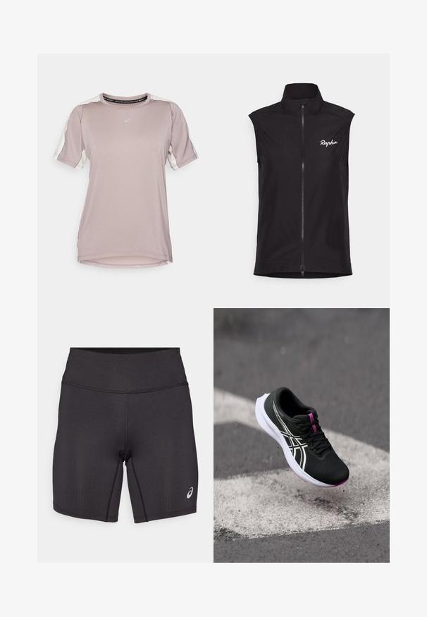 Zwarte mouwloze fietsvest met hoge kraag, volledige ritssluiting en wit "Rapha" logo. Gemaakt van lichtgewicht, soepel materiaal.; ASICS FUJITRAIL ELITE TOP - Sport T-shirt - rainstorm grey/cream; Zwarte sportieve shorts met een gladde textuur, een aansluitend ontwerp en een hoge tailleband. Voorzien van contrasterende stiksels en een klein logo op het onderbeen.; Zwarte sportieve schoen met een gestructureerde bovenkant, witte zool, roze accenten en contrasterende witte strepen. Zweeft boven een grijze ondergrond.