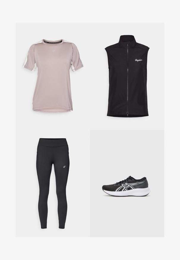 Zwarte mouwloze fietsvest met hoge kraag, volledige ritssluiting en wit "Rapha" logo. Gemaakt van lichtgewicht, soepel materiaal.; ASICS FUJITRAIL ELITE TOP - Sport T-shirt - rainstorm grey/cream; ASICS CORE WINTER - Winterlegging - performance black; Zwarte sportieve schoenen met een gestructureerde mesh bovenkant, witte accenten en een gewatteerde witte zool. Heeft een logo aan de zijkant en veters.